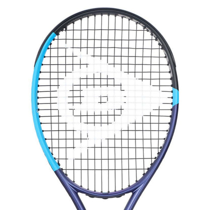 Dunlop tennis racket with blue frame and black strings on a white background