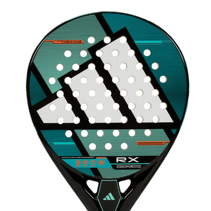 Green and white adidas padel racket with the wording RX series on a white background