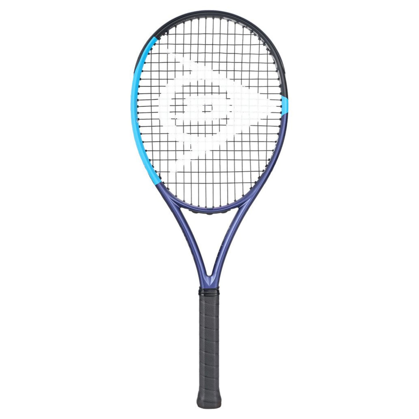Dunlop tennis racket with a blue frame and black handle on a white background