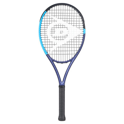 Dunlop tennis racket with a blue frame and black handle on a white background