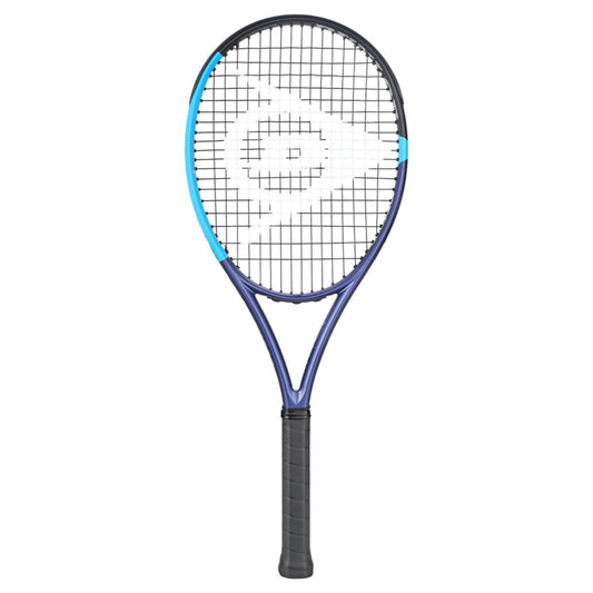 Dunlop tennis racket with a blue frame and black handle on a white background