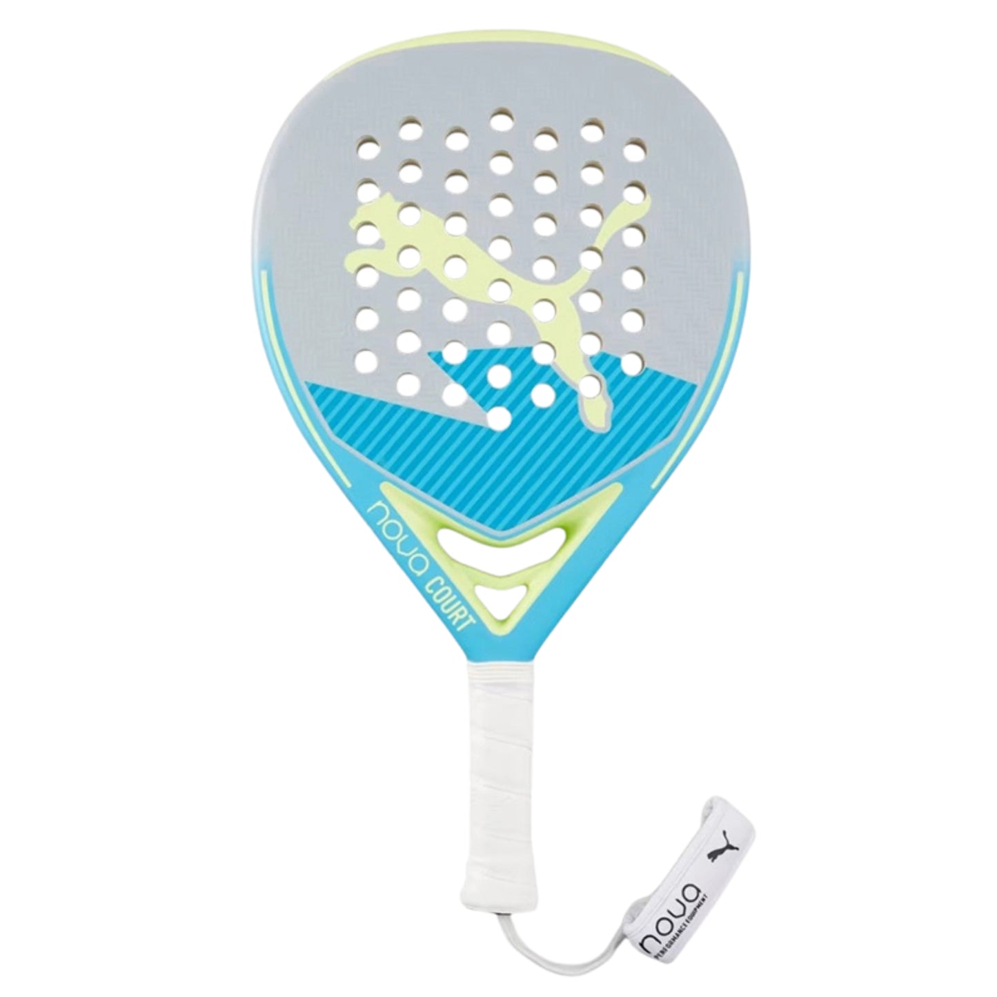 Puma padel racket with Puma logo and Nova court on bottom left with white handle