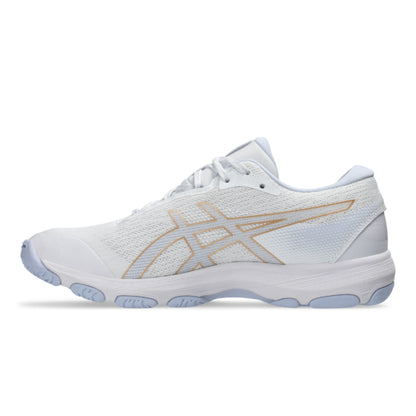 White netball shoe with gold accents on a white background