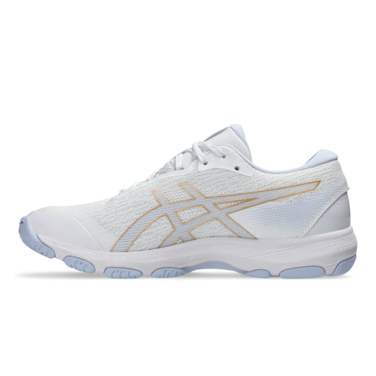 White netball shoe with gold accents on a white background