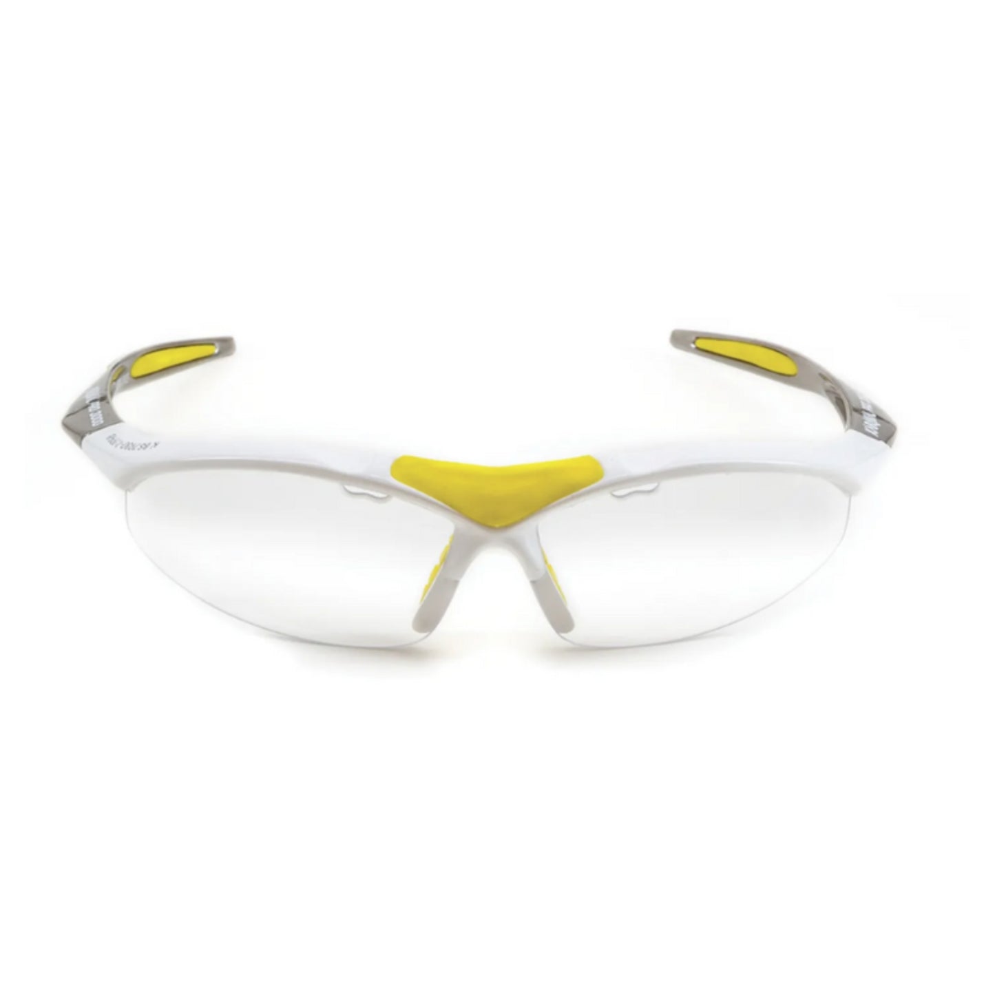 White safety glasses with yellow accents on a white background