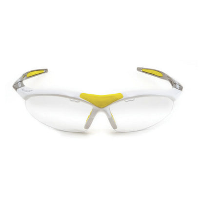 White safety glasses with yellow accents on a white background