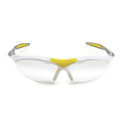 White safety glasses with yellow accents on a white background