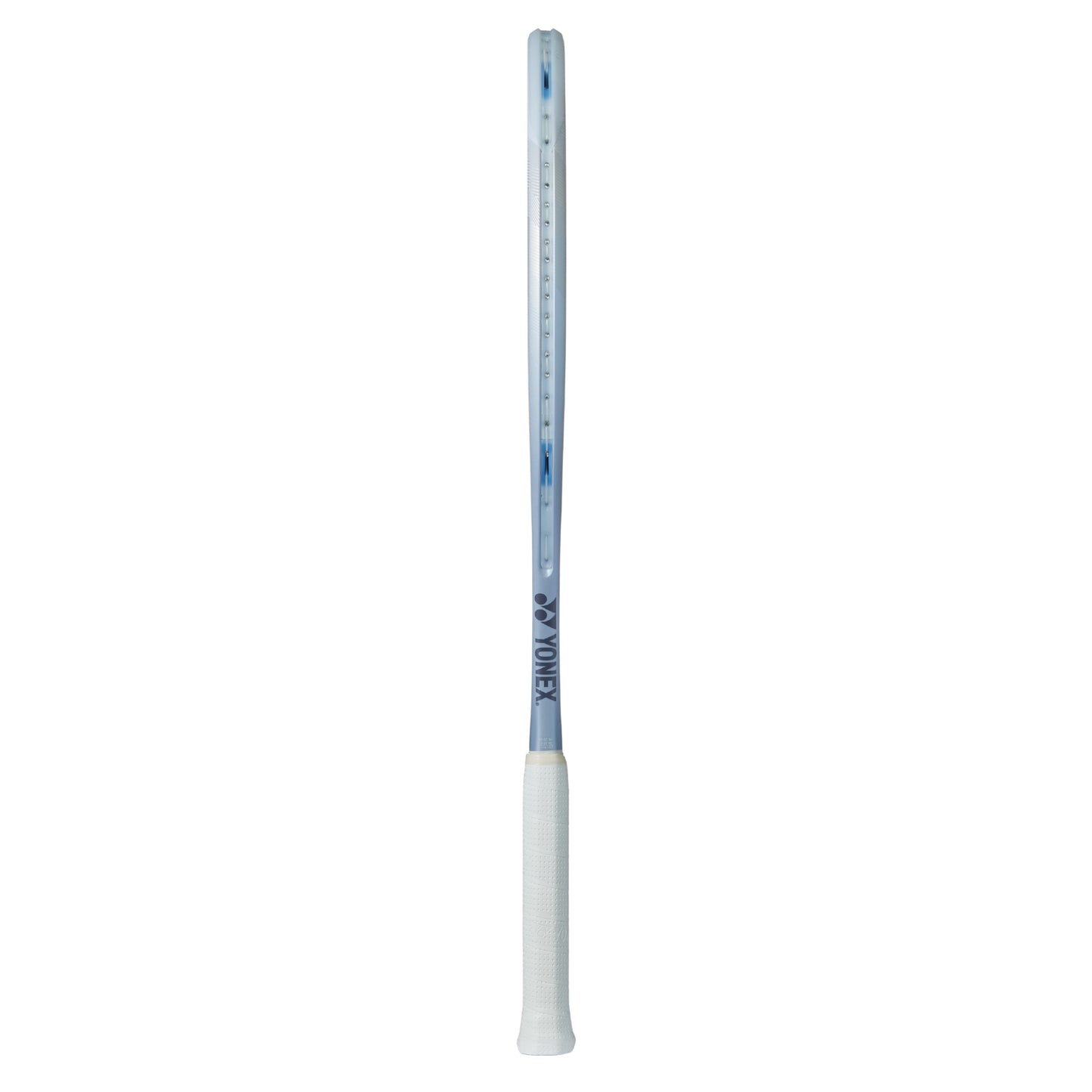 Yonex Silver tennis racket with a white handle on a white background
