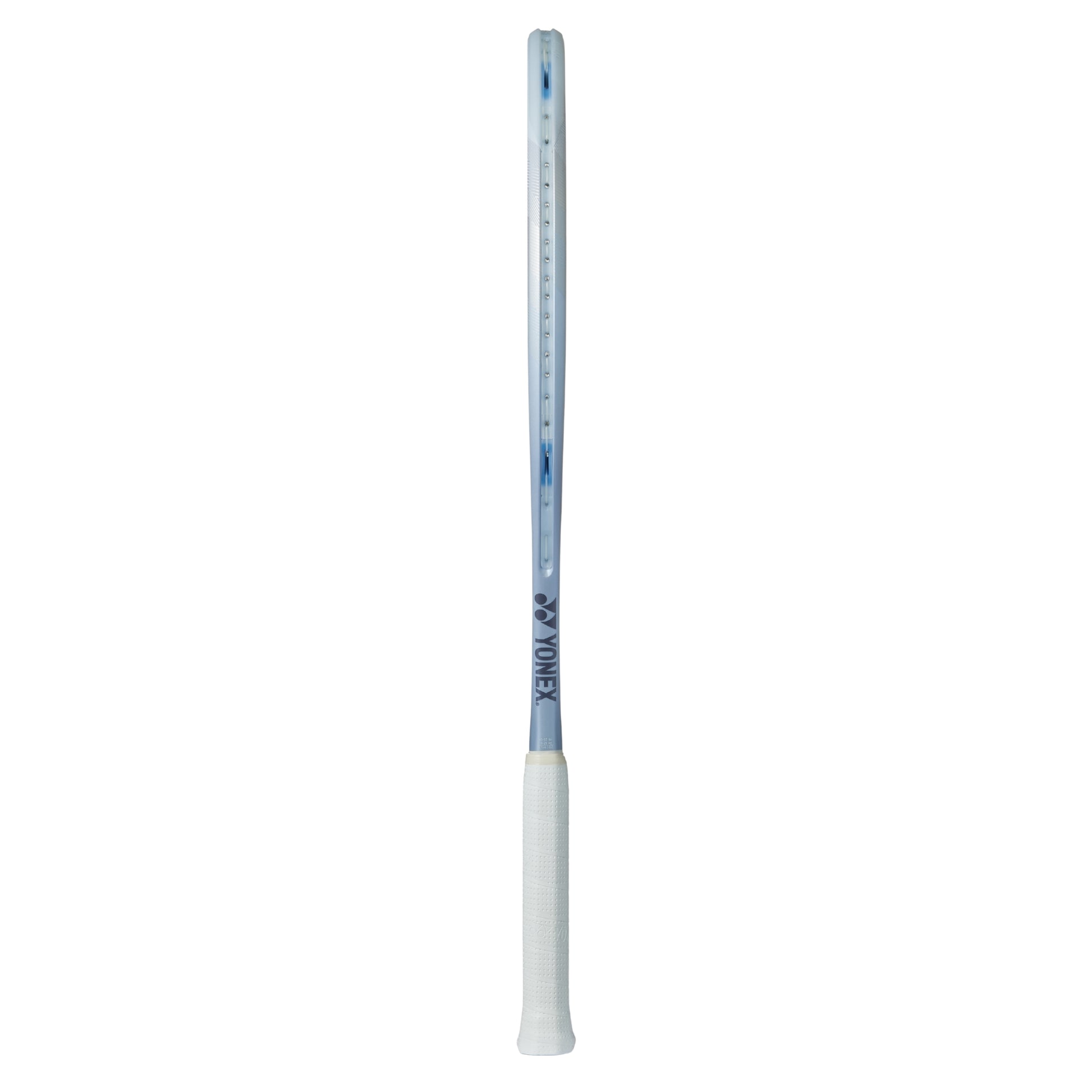 Yonex Silver tennis racket with a white handle on a white background