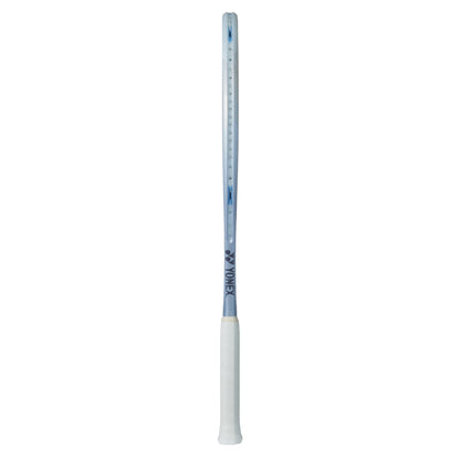 Yonex Silver tennis racket with a white handle on a white background