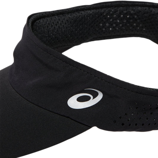 Black Asics visor with a brand logo on a white background
