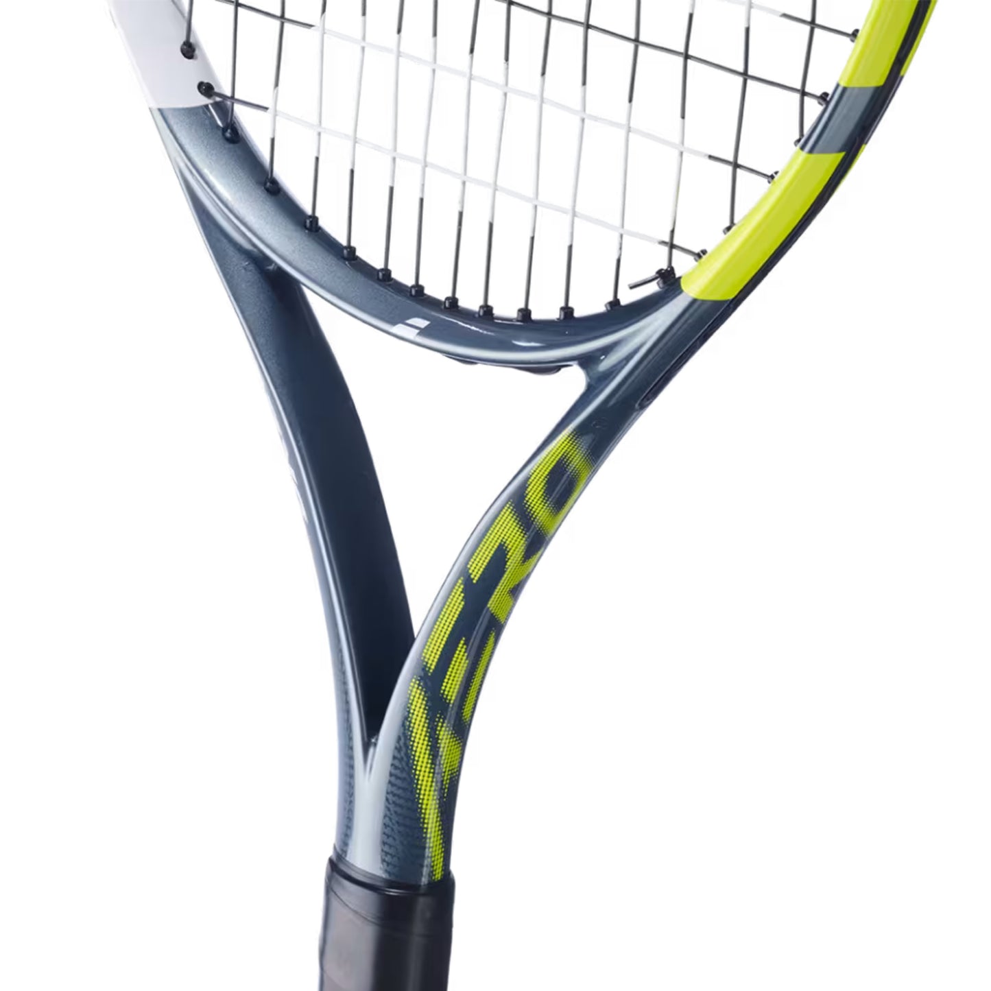 Tennis Babolat racket with a close-up of the strings on a white background