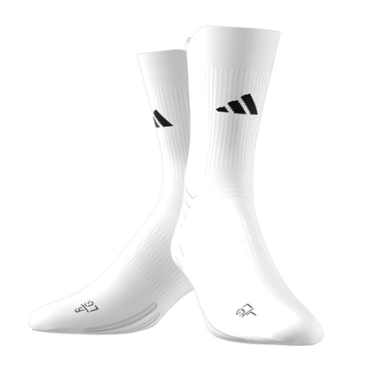 White sock with adidas logo in the front on a white background