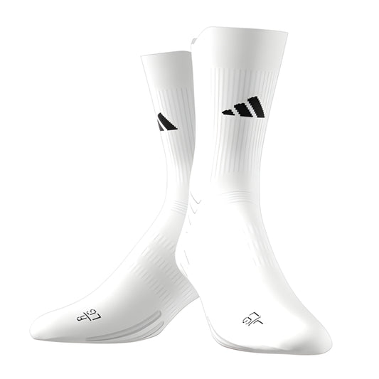 White sock with adidas logo in the front on a white background