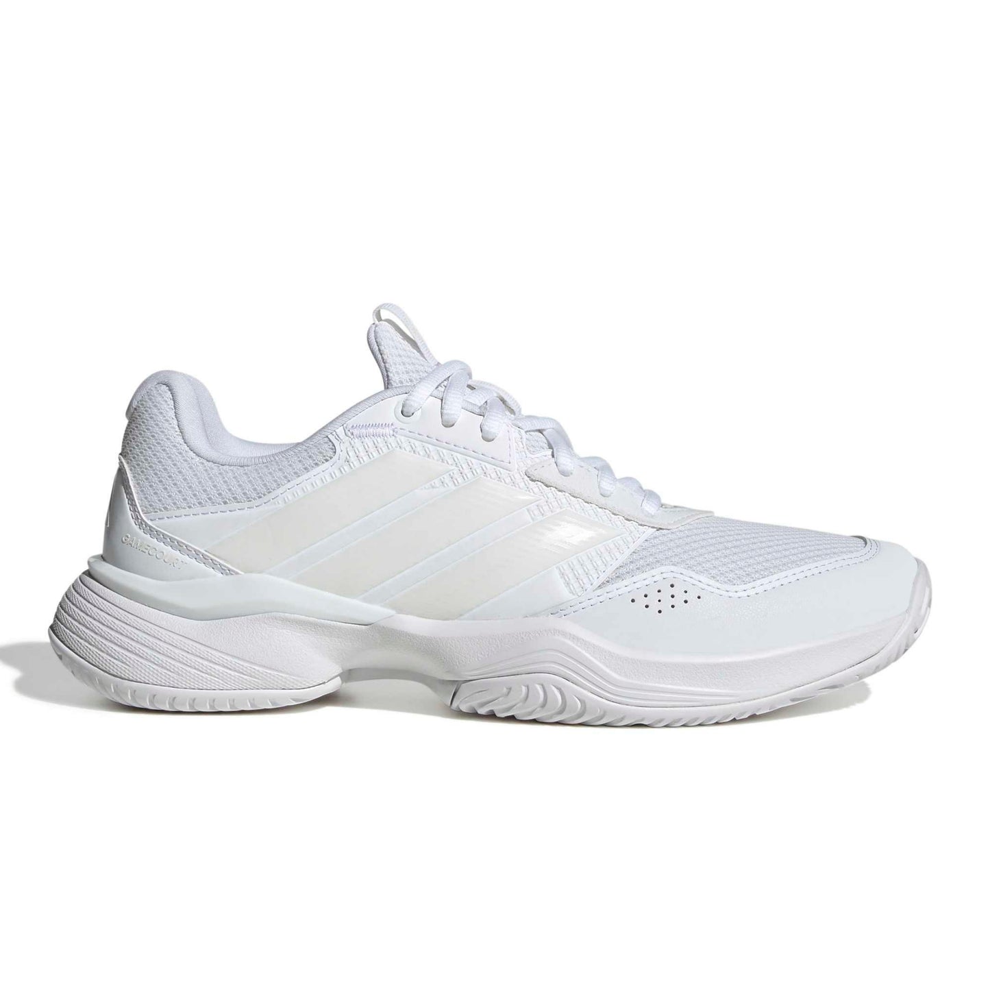 A white Adidas tennis shoe shown from the side profile against a clean white background.