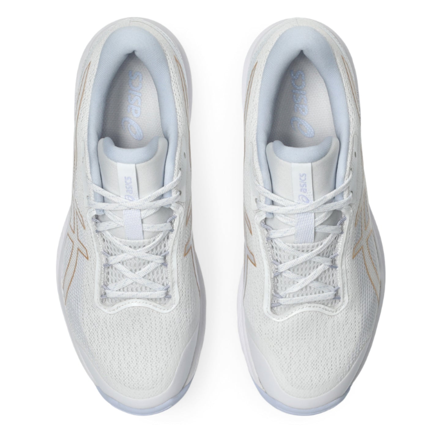 Pair of white tennis shoe with gold accents on a white background