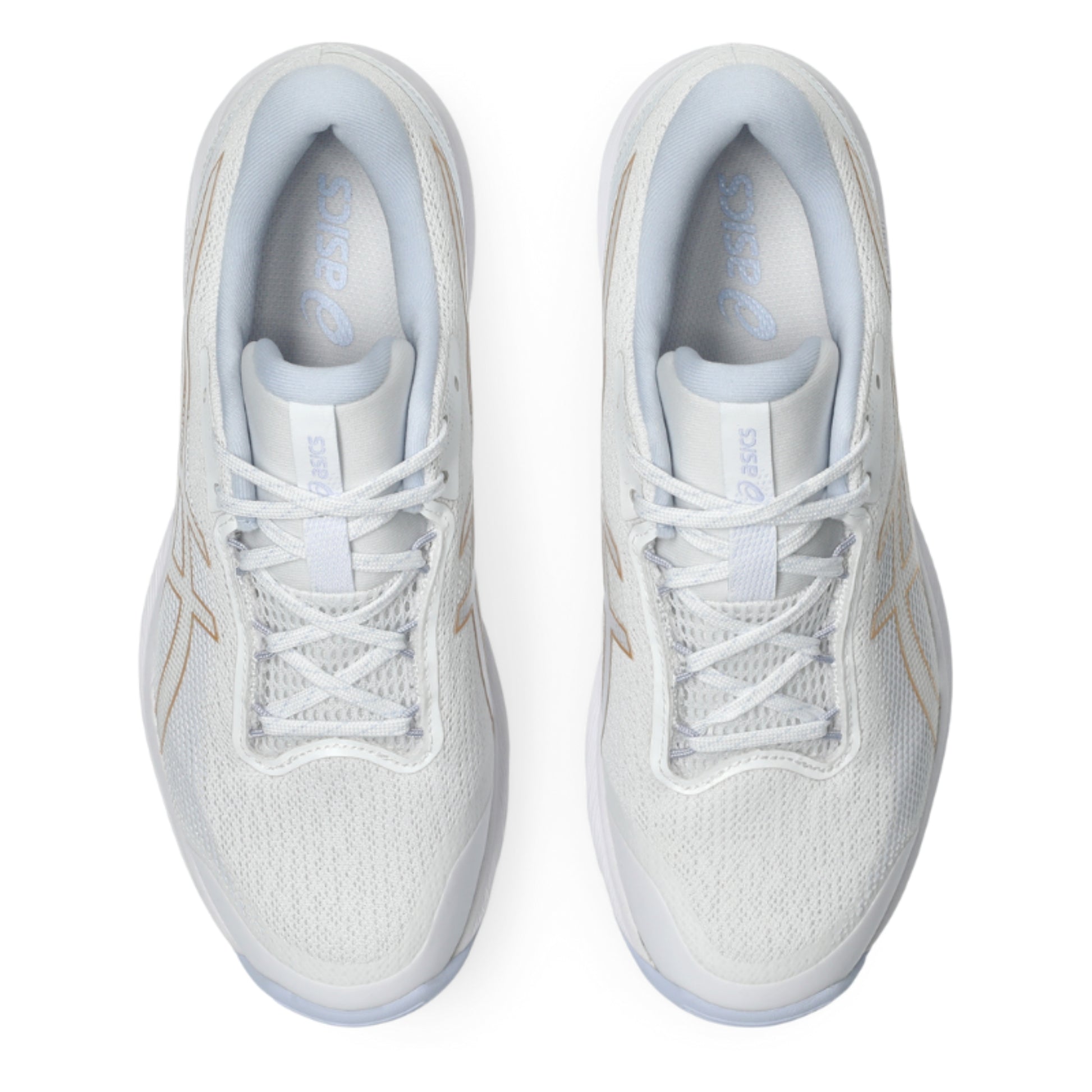 Pair of white tennis shoe with gold accents on a white background