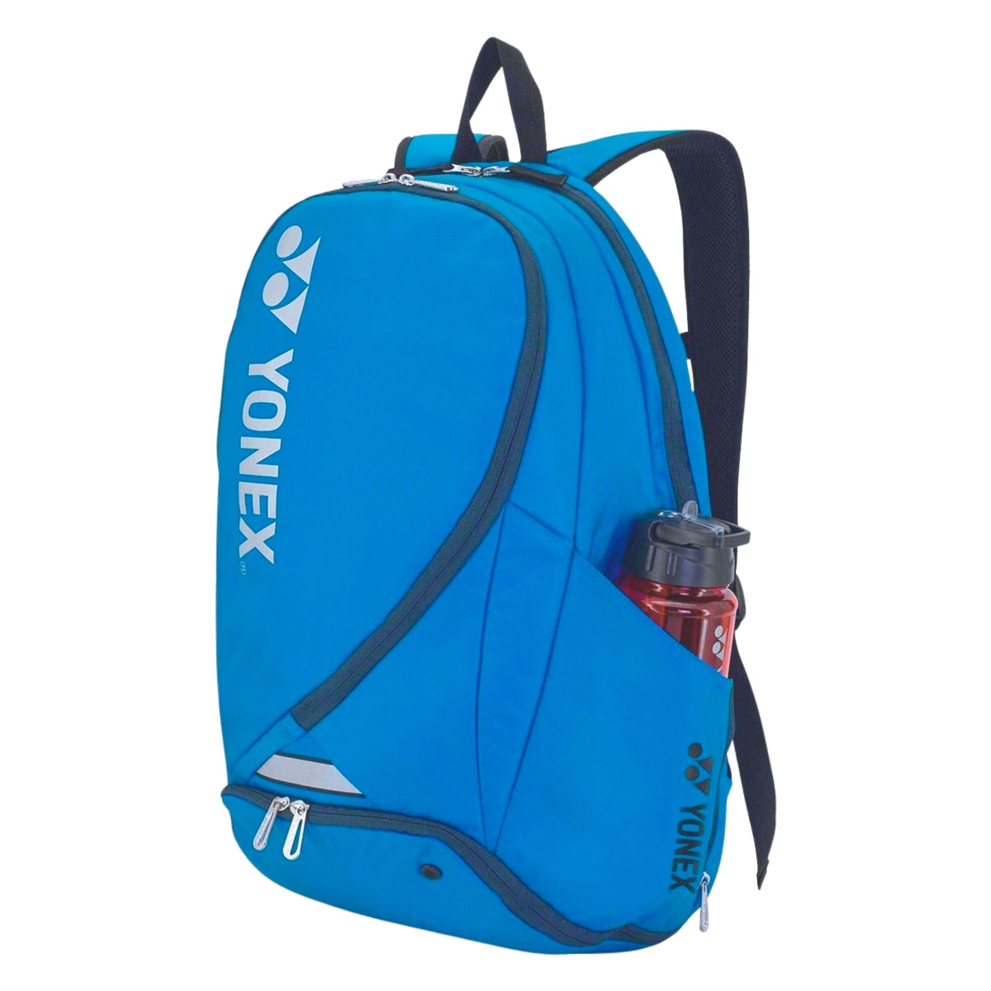 Blue Yonex backpack with a water bottle on a white background