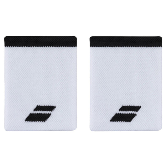 Two white Babolat wristbands with black logos on a white background