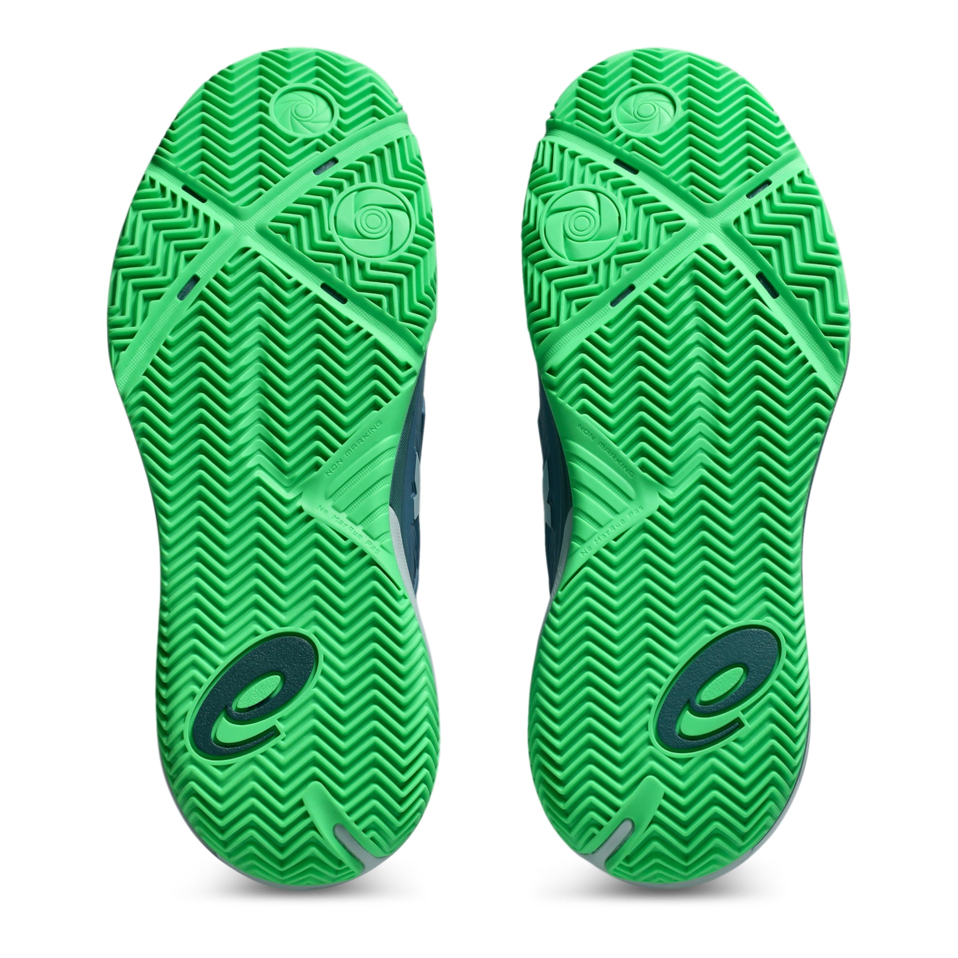Green padel shoe soles with Asics brand logo on a white background