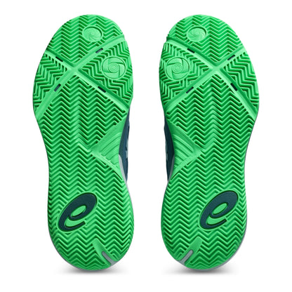Green padel shoe soles with Asics brand logo on a white background