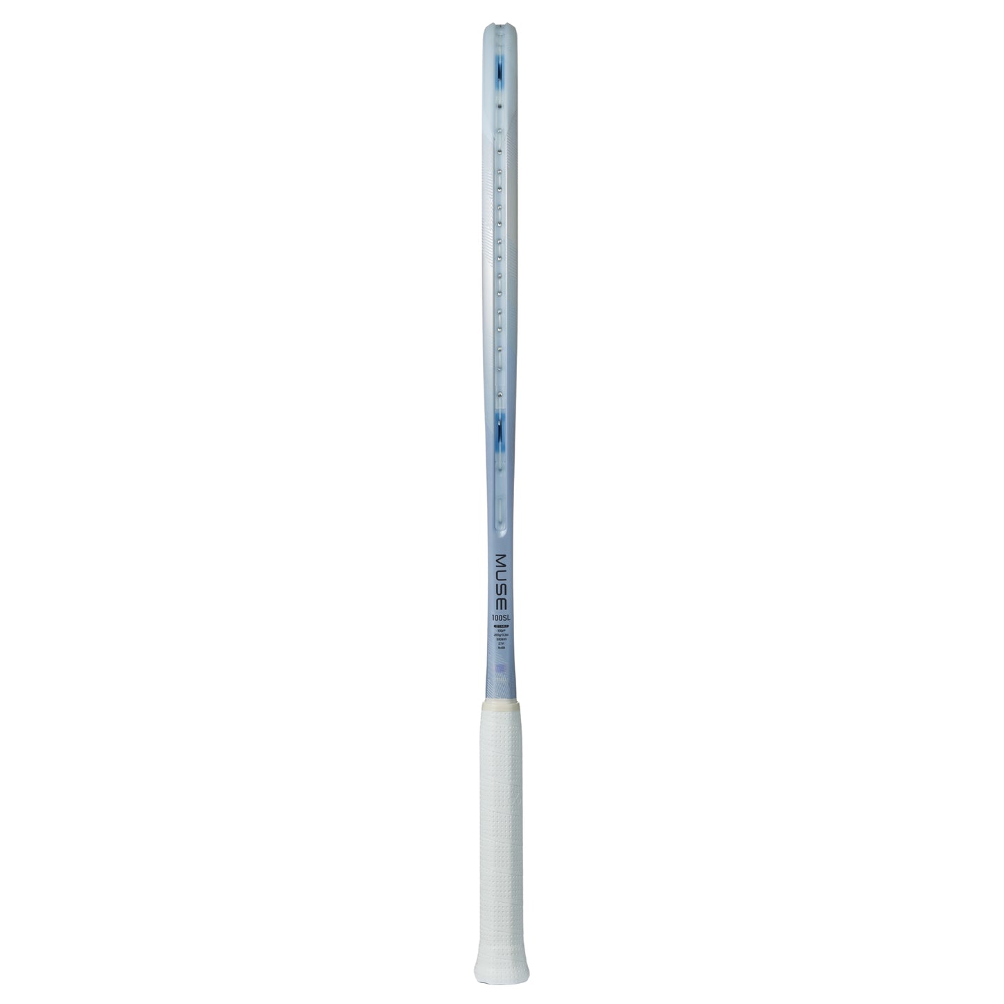 Silver Yonex tennis racket with a white handle and on a white background