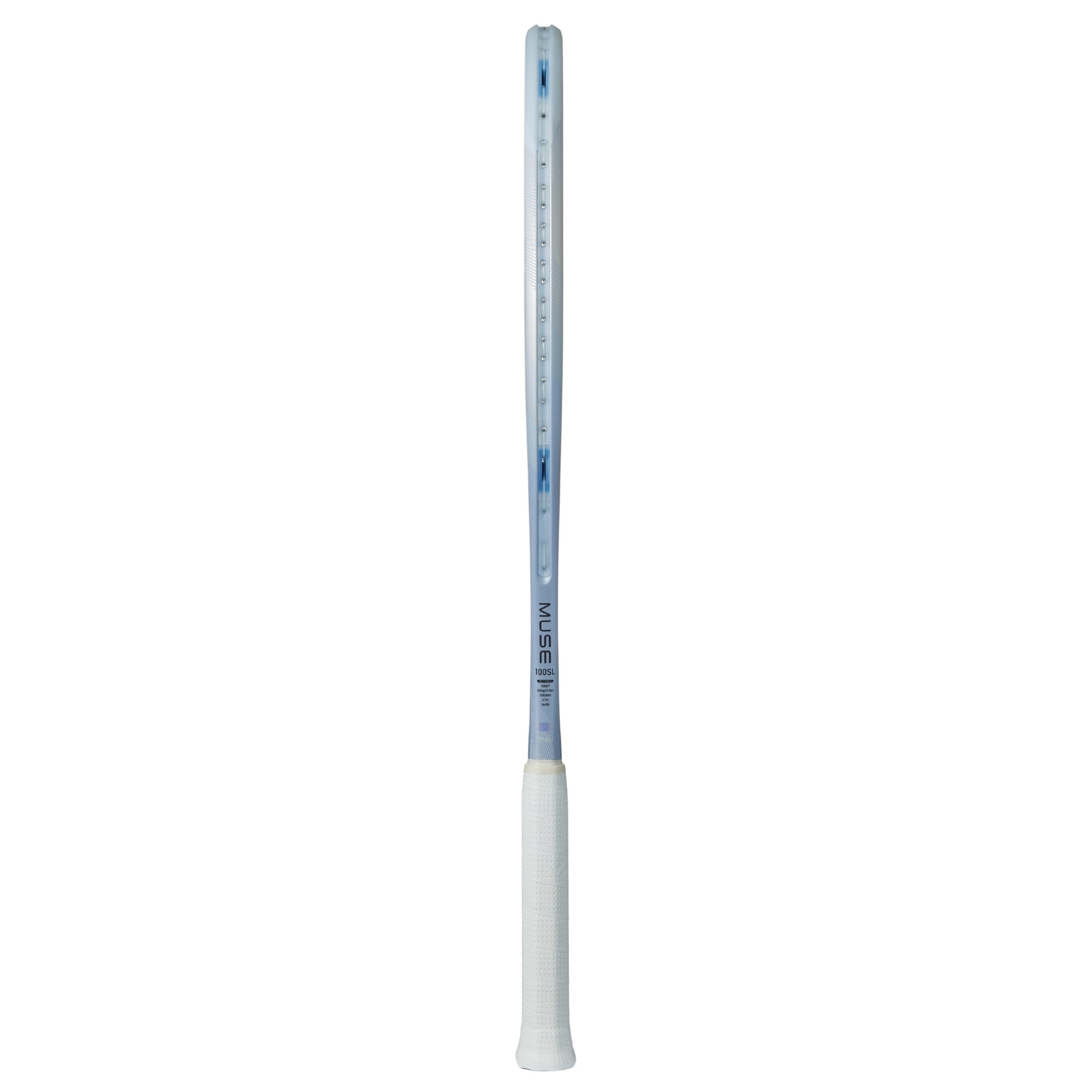 Silver Yonex tennis racket with a white handle and on a white background