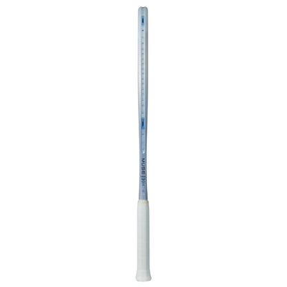 Silver Yonex tennis racket with a white handle and on a white background
