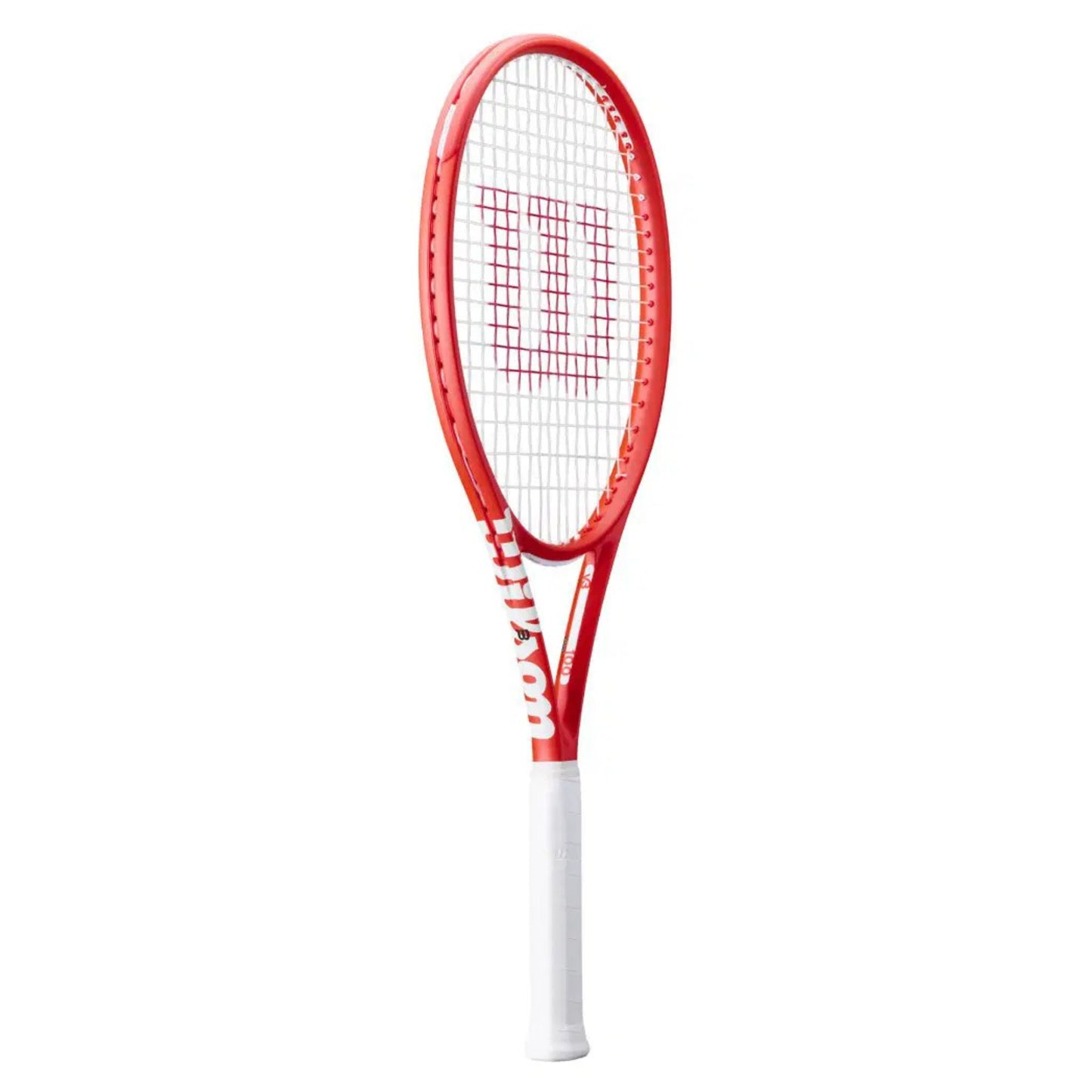 Red tennis racket with white handle on a white background