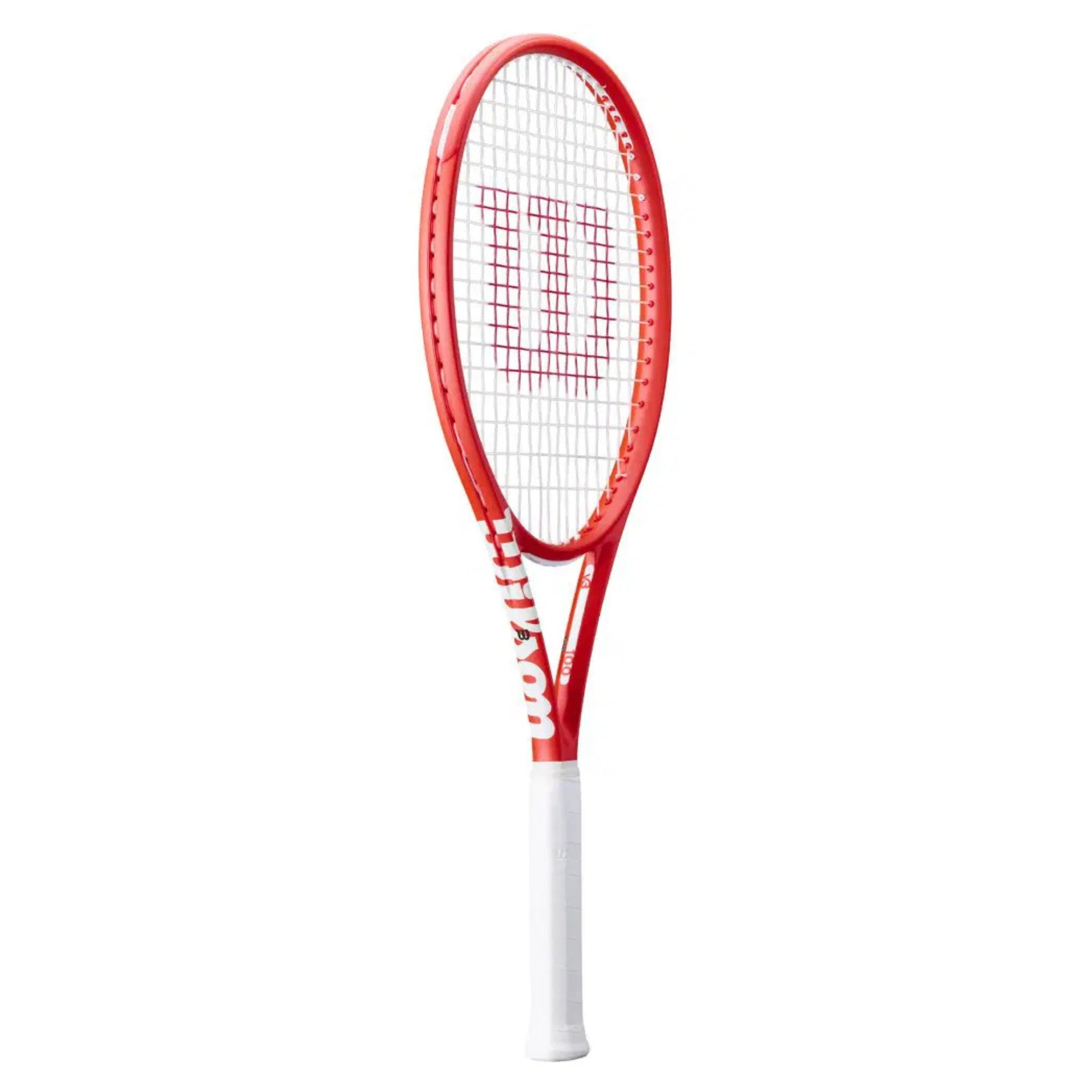 Red tennis racket with white handle on a white background