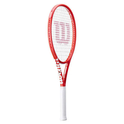 Red tennis racket with white handle on a white background