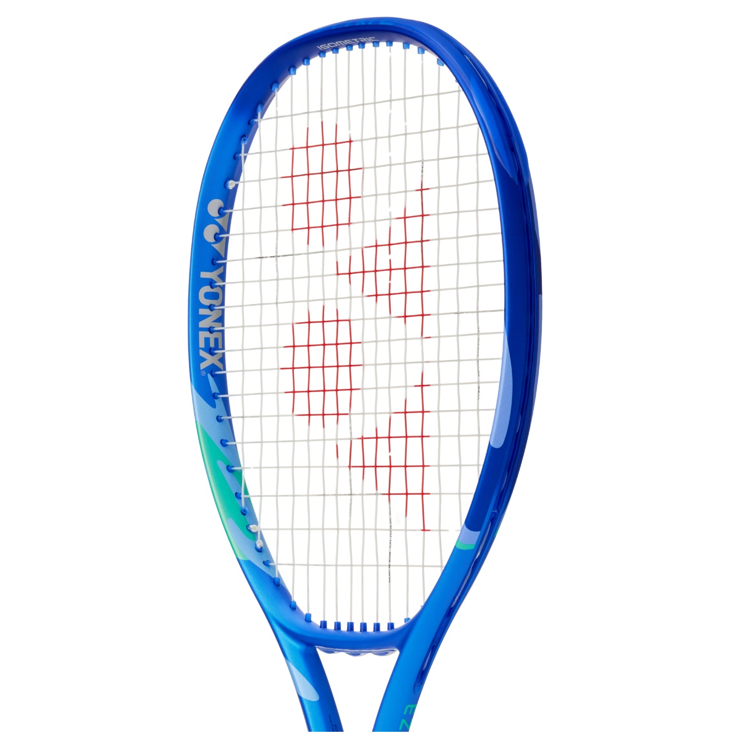 Blue Yonex tennis racket with red strings on a white background