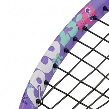 Close-up of a purple Head tennis racket frame with colorful owl graphics and black strings on a white background.