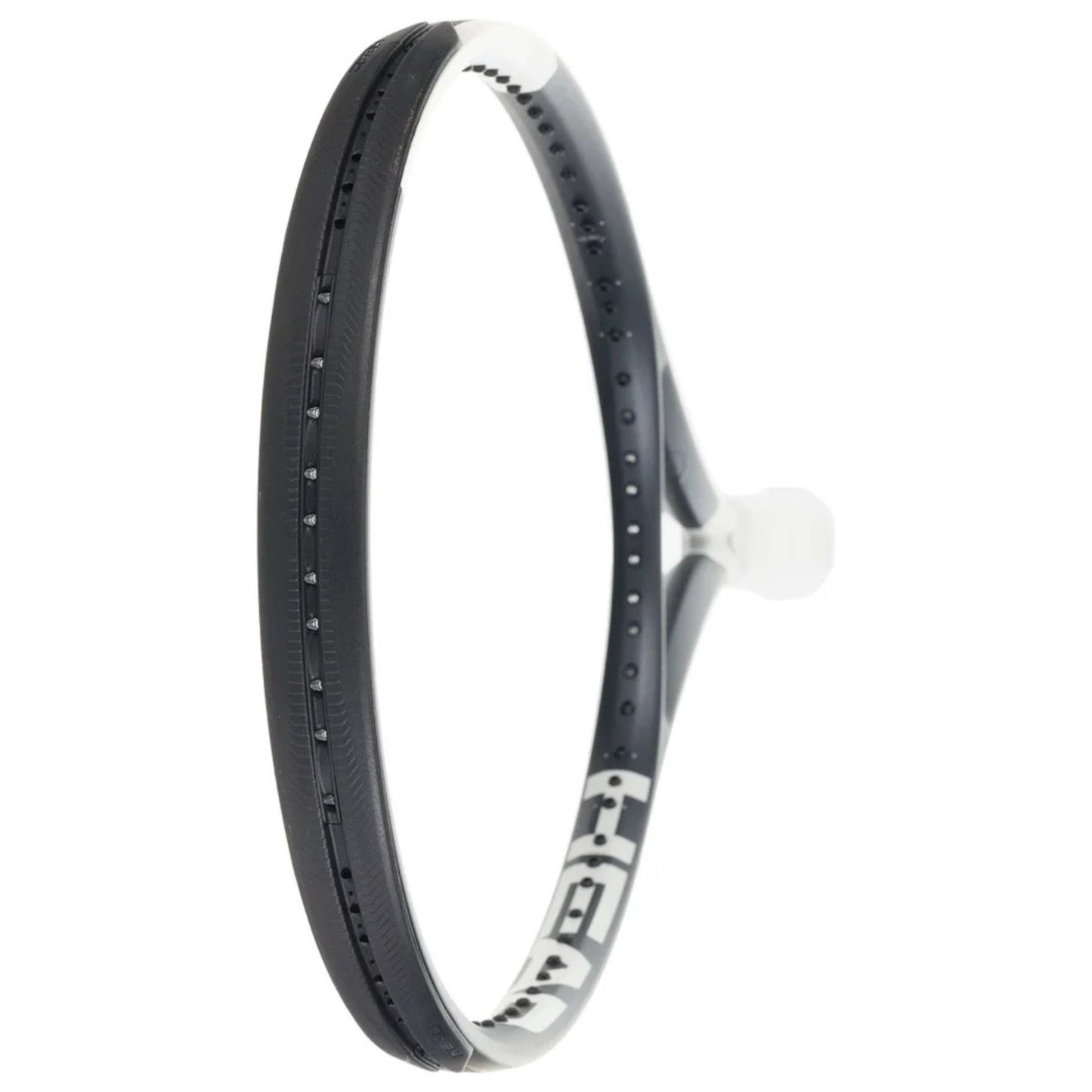 Tennis racket with a black and white frame on a white background