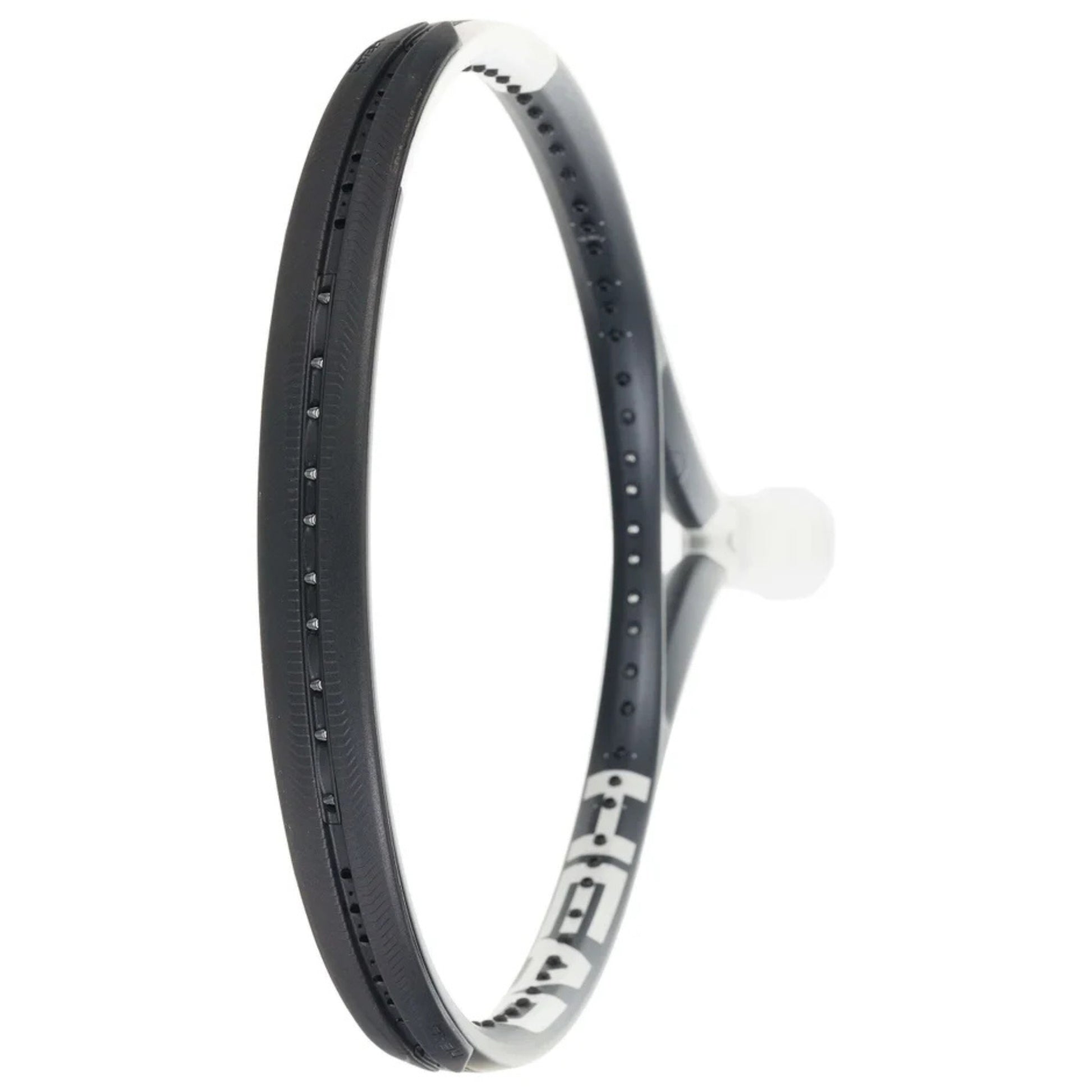 Tennis racket with a black and white frame on a white background