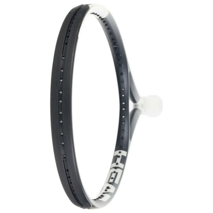 Tennis racket with a black and white frame on a white background