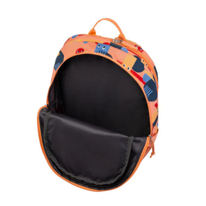 Colorful children's backpack with black interior pocket on a white background