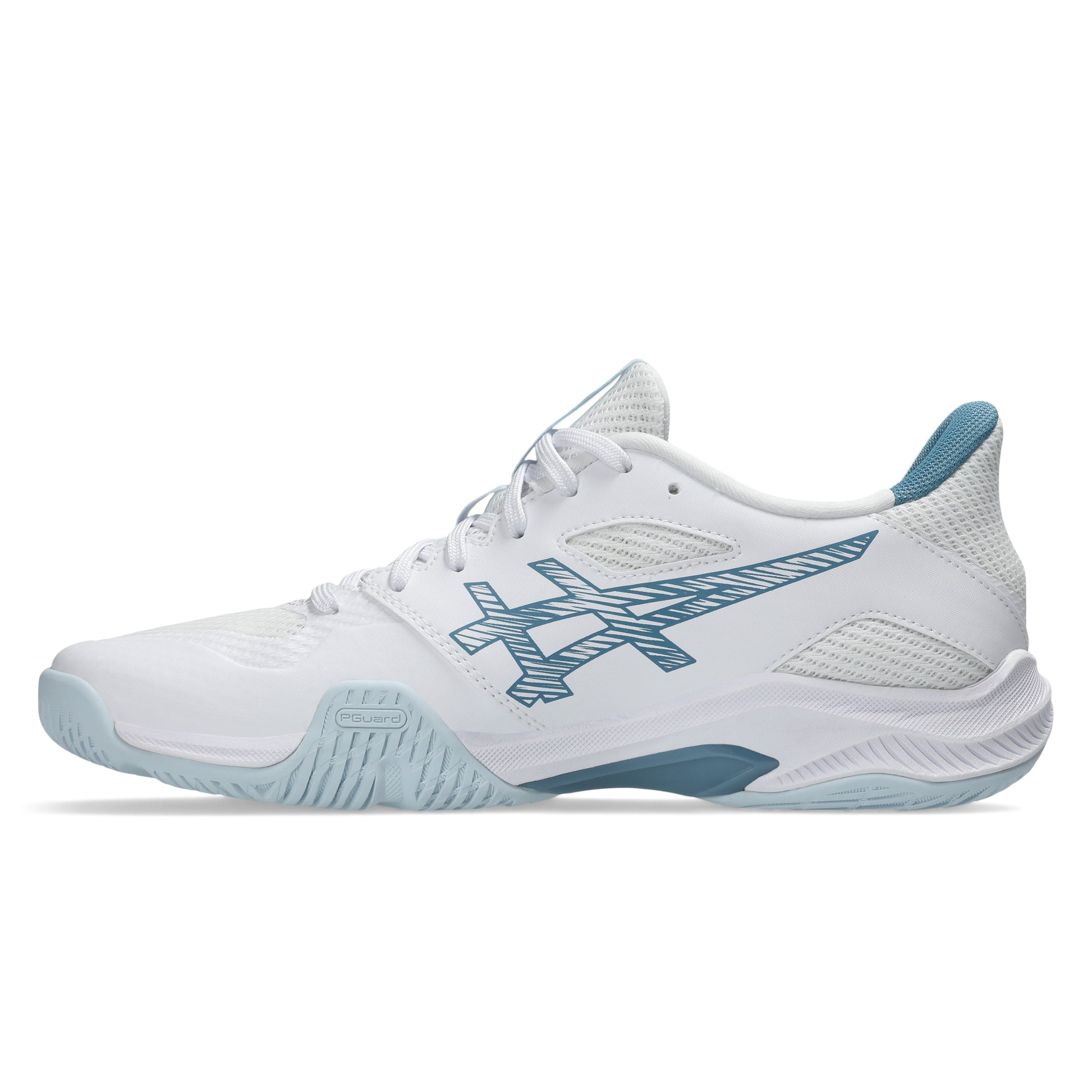 White and blue squash shoe with blue accents on a white background