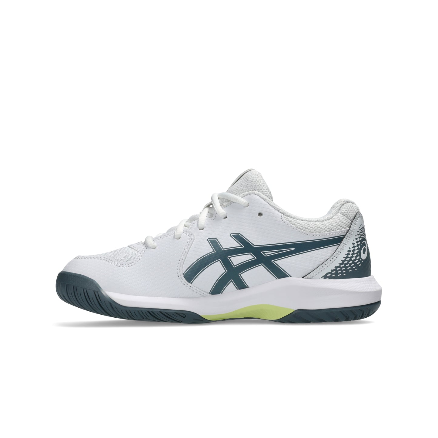 White and green Asics shoe on a white background