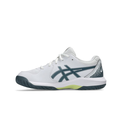 White and green Asics shoe on a white background