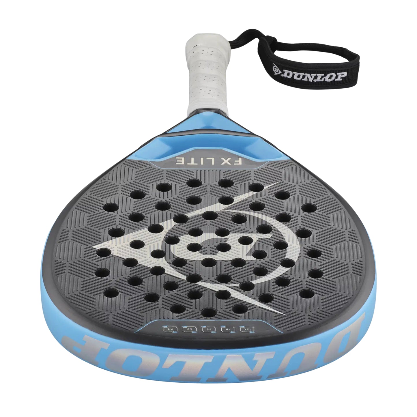 Blue and black Dunlop FX Lite padel racket on a white backgroundv