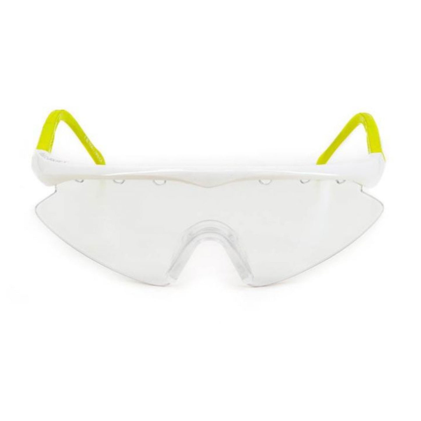 White safety goggles with yellow ear straps on a white background