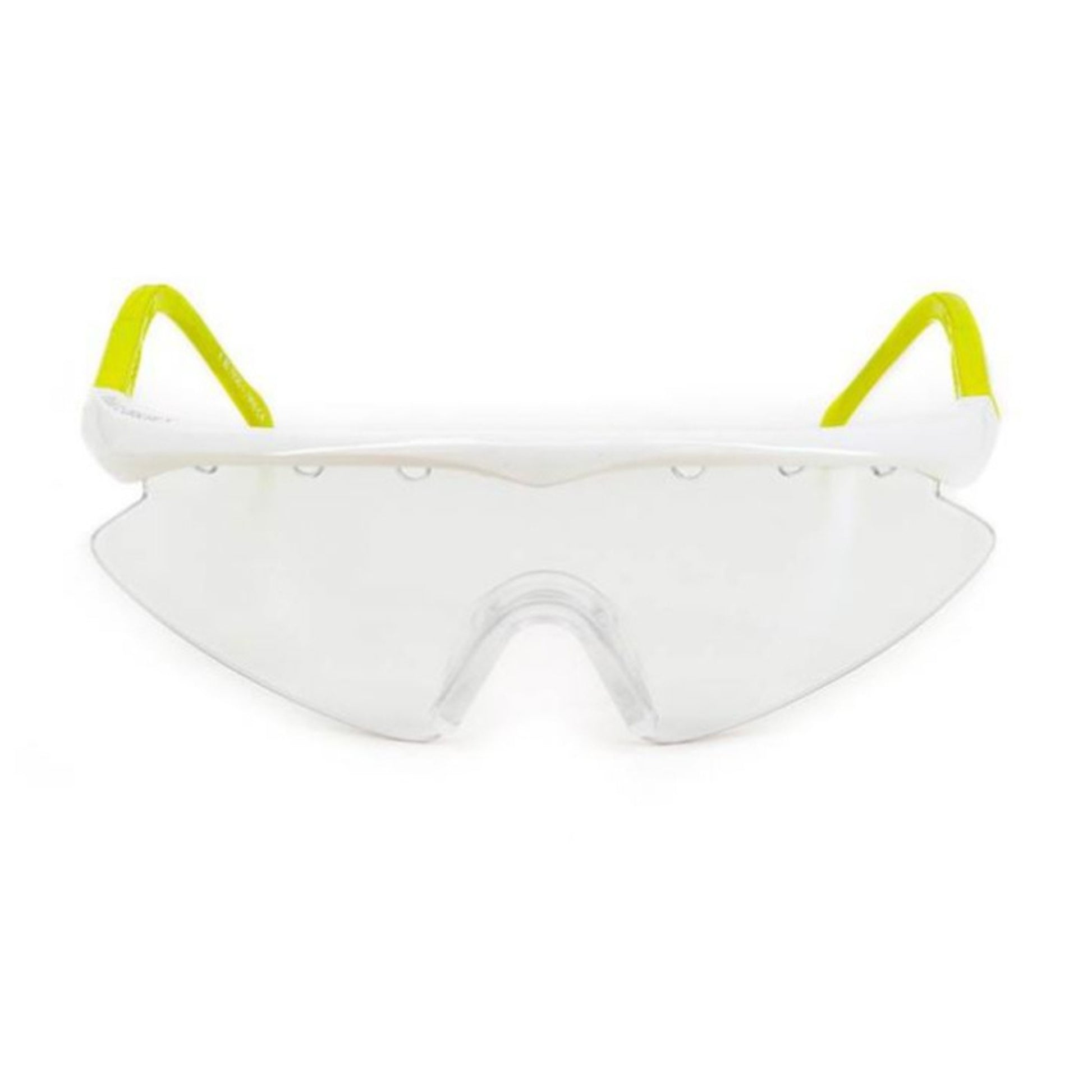 White safety goggles with yellow ear straps on a white background