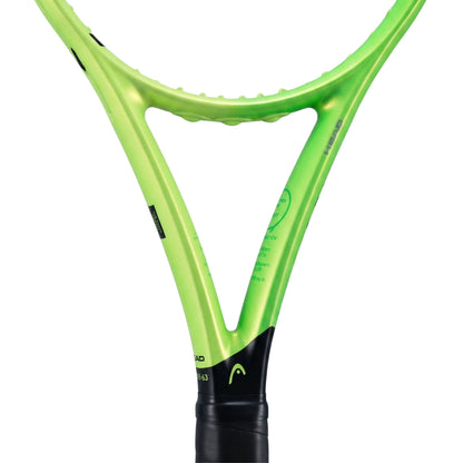 Close-up of a Head tennis racket frame in bright lime green with a black grip and a small green head logo, shown on a plain white background.