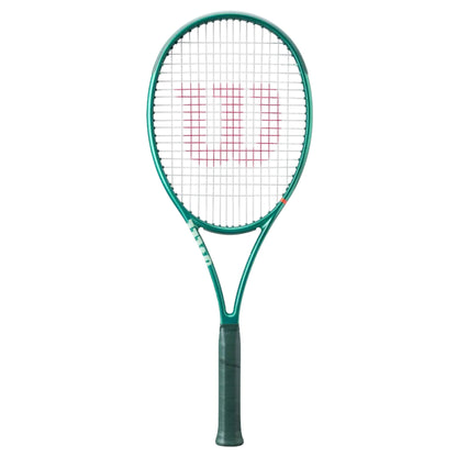 Green Wilson tennis racket with a white strings pattern on a white background