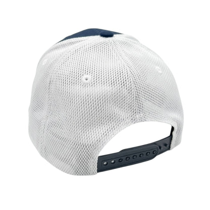 Back view of a  white mesh cap with blue strap on a white background