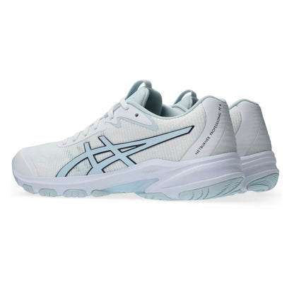 Light blue netball shoes with white sole on a white background