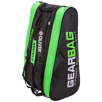 Black and green oliver racket bag on a white background