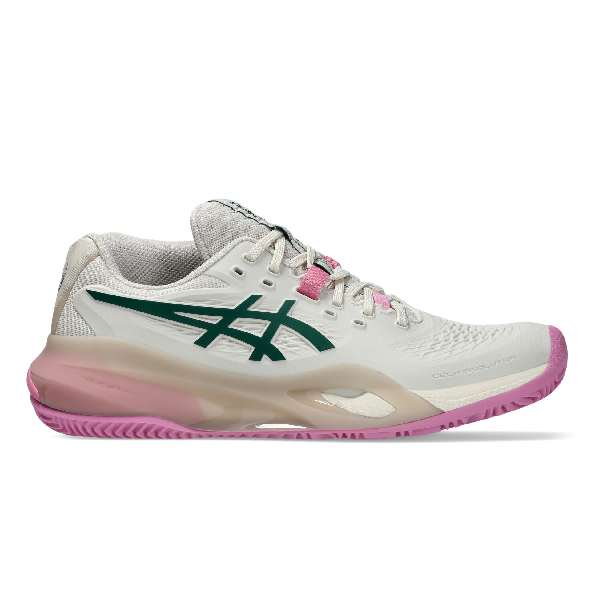 A single ASICS padel shoe shown in profile against a white background. The shoe features a white mesh upper, a dark green ASICS logo on the side, a translucent beige midsole with pink accents, and a pink outsole.