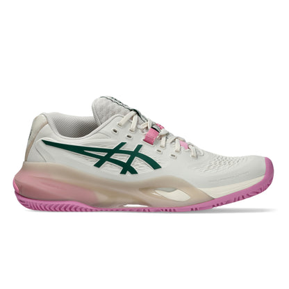 A single ASICS padel shoe shown in profile against a white background. The shoe features a white mesh upper, a dark green ASICS logo on the side, a translucent beige midsole with pink accents, and a pink outsole.